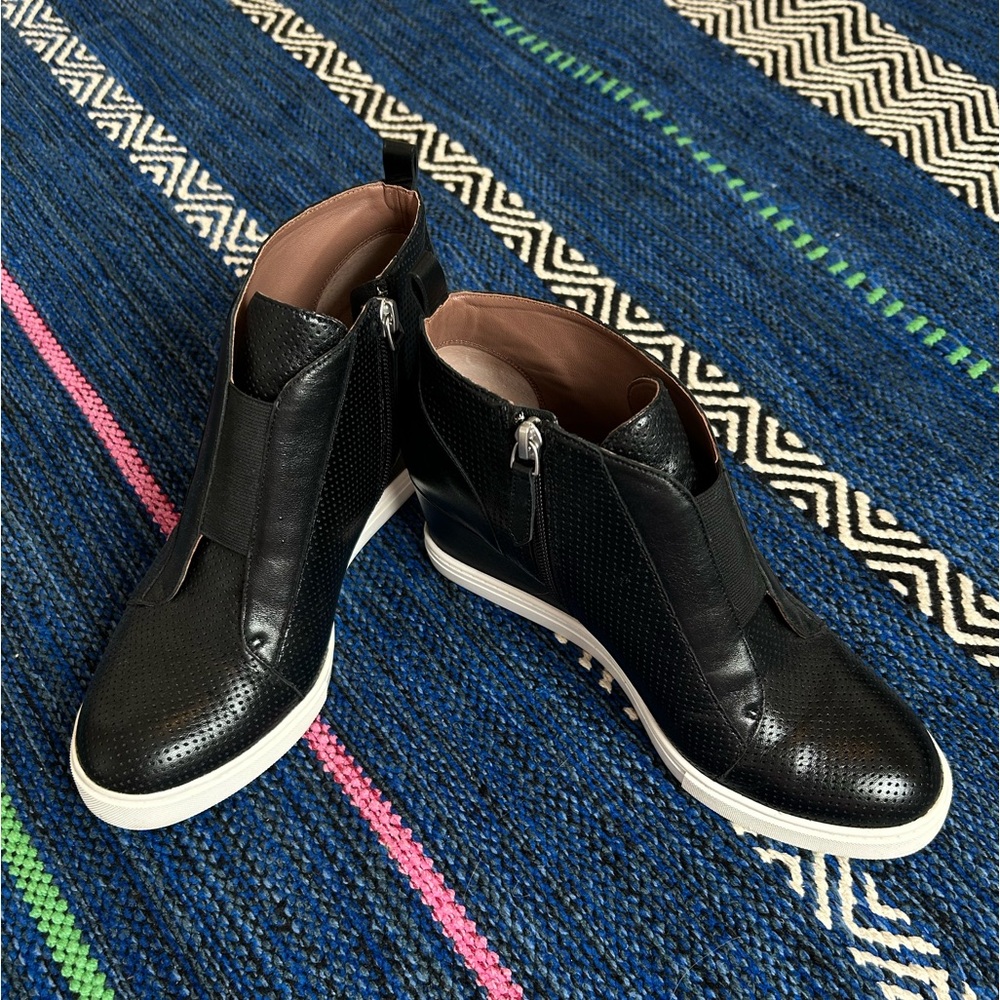 Linea Paolo black leather wedge booties